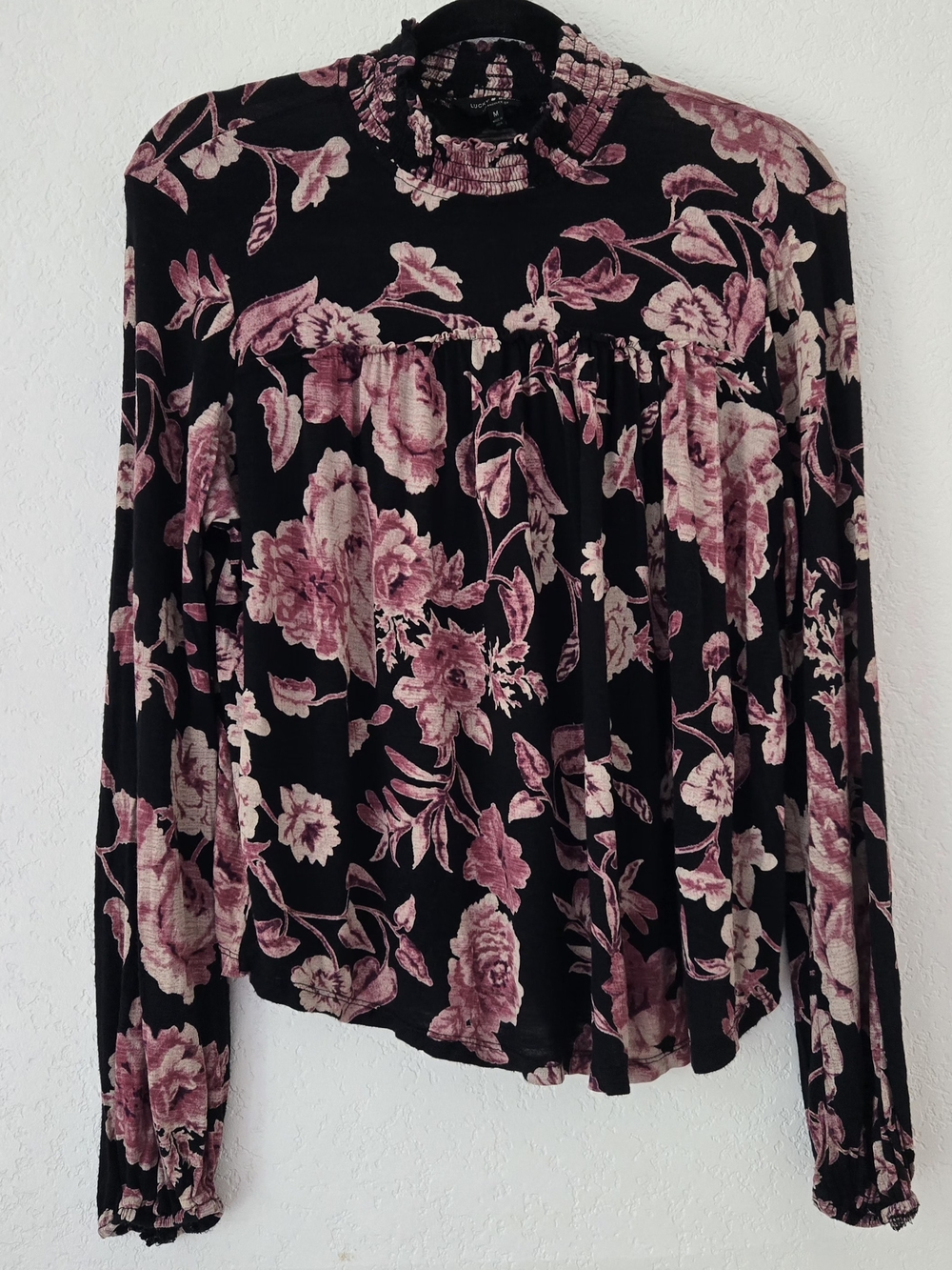 Lucky Brand Black Blouse with Pink Floral Mock Neck
